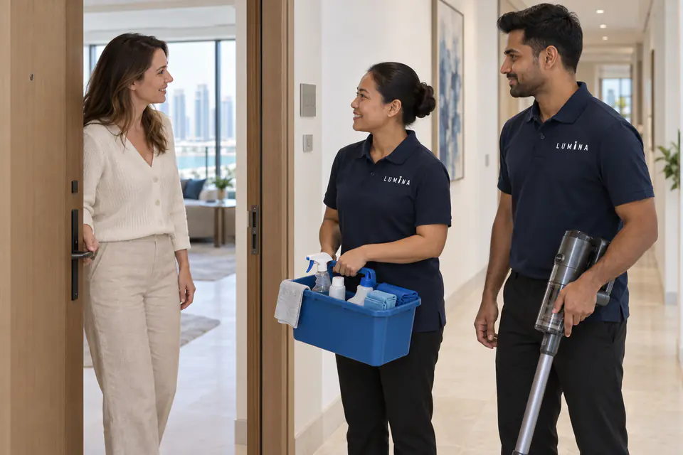 Two LUMINA cleaners arriving with their kit, welcomed at the door