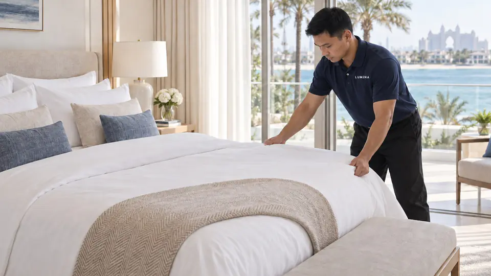 A LUMINA cleaner making a bed with crisp white linen in a Palm Jumeirah villa