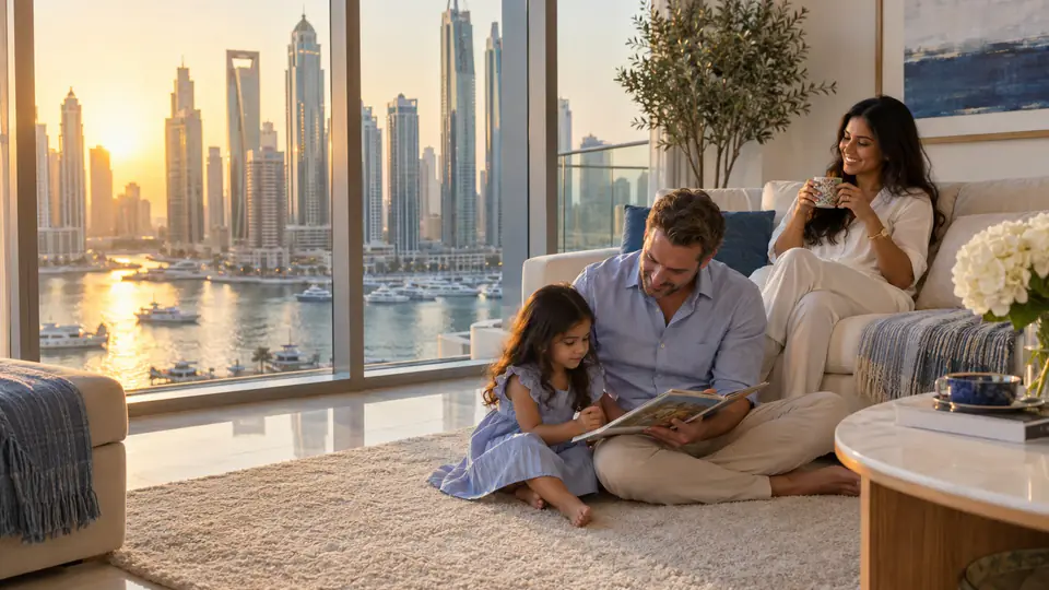 A family relaxing at home in their freshly cleaned Dubai Marina apartment
