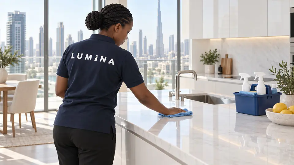 A LUMINA cleaner polishing a marble kitchen island in a Downtown Dubai apartment