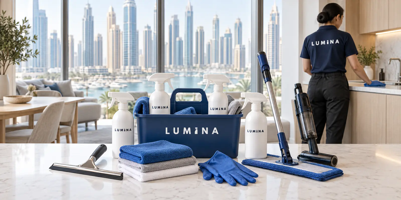 The LUMINA kit: a blue caddy, spray bottles, microfiber cloths, gloves, a squeegee, a flat mop and a cordless vacuum